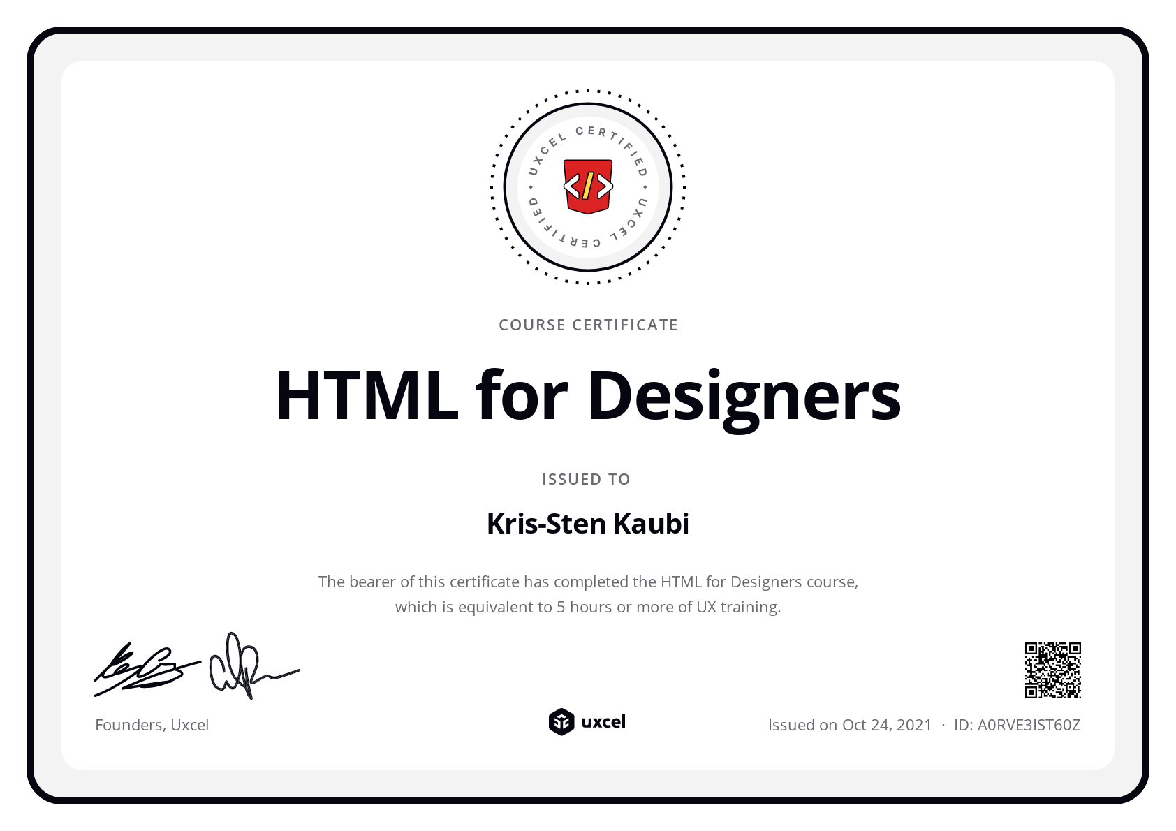 Kris-Sten Kaubi's certificate